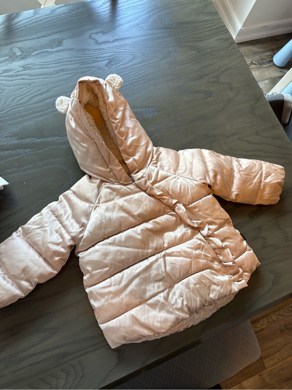 GAP Light Pink Puffer Jacket with Hood and Bear Ears- Gold